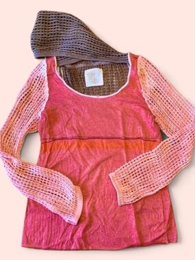 We The Free Rose-Red Open Weave Long Sleeve Top